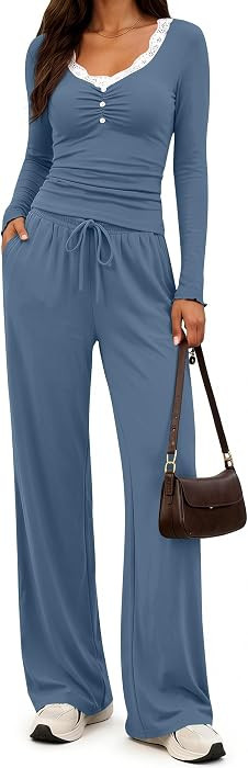 Women's 2 Piece Lounge Set V Neck Tops Wide Leg Pants with Pockets | Amazon (US)