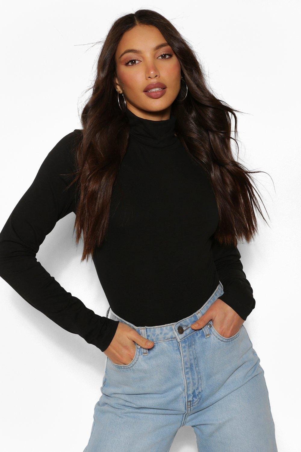 Womens Tall Basic Cotton Turtleneck Long Sleeve One Piece - Black - 2 | Boohoo.com (US & CA)