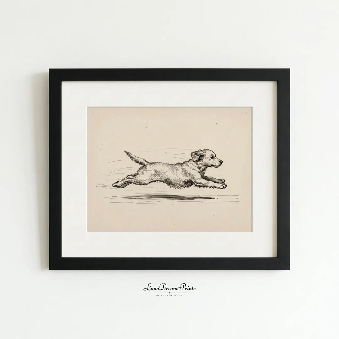 Puppy Golden Retriever Dog With Zoomies Print, Vintage Antique Dog Portrait Drawing, Minimalist P... | Etsy (US)