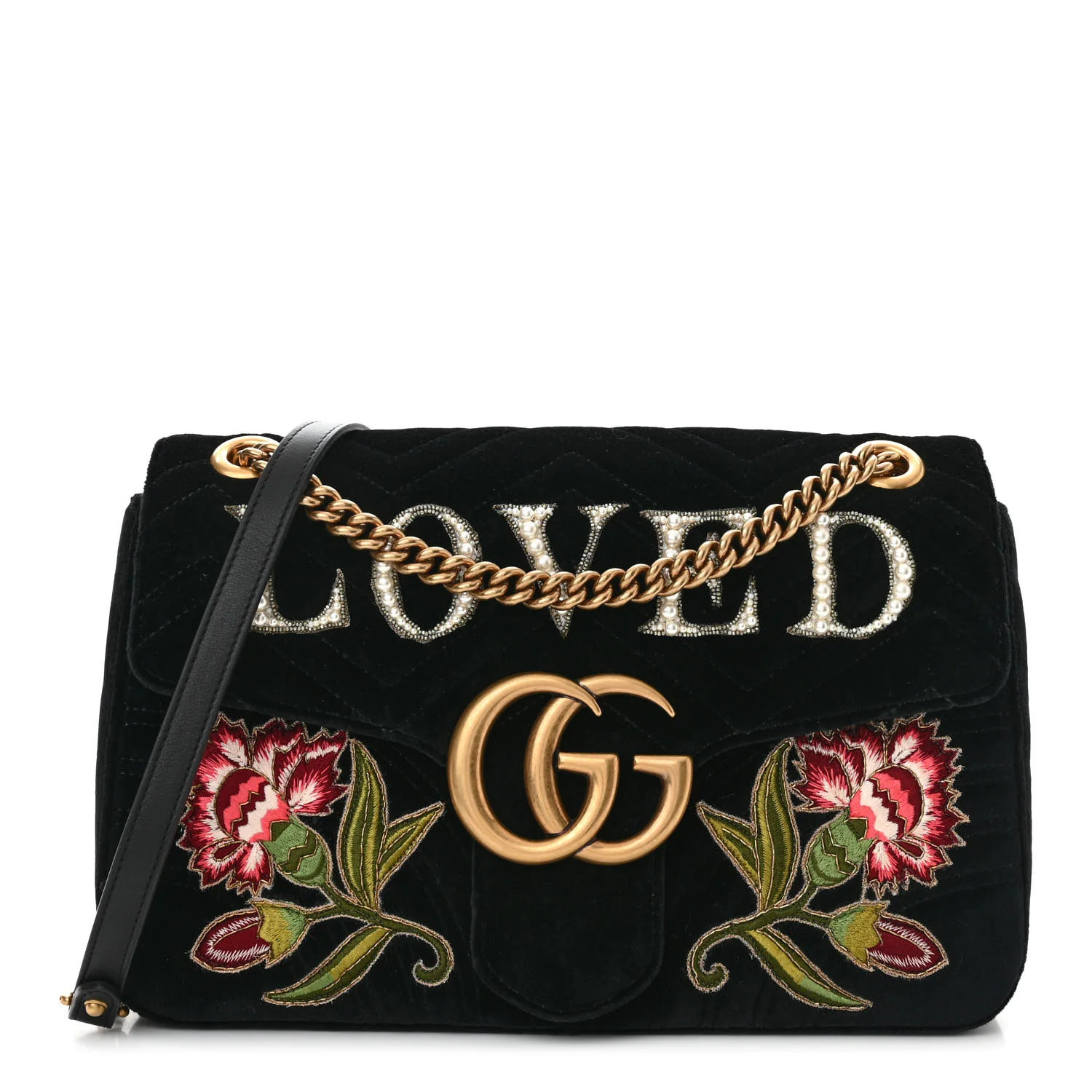 Velvet Matelasse Loved Embroidered Medium GG Marmont Shoulder Bag Black | FASHIONPHILE (US)