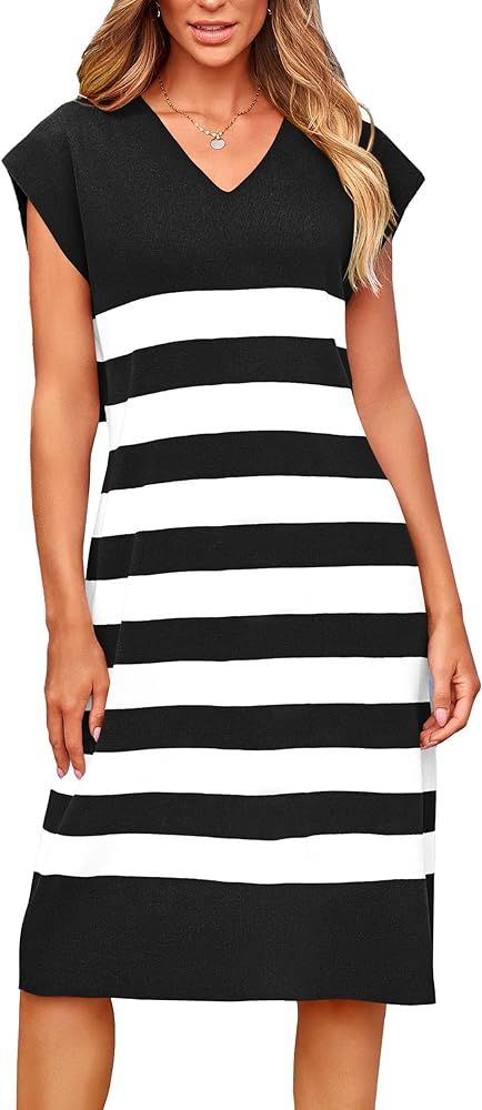 PRETTYGARDEN Summer Dress for Women 2024 Trendy V Neck Striped Knit Shift Casual T Shirt Dresses | Amazon (US)