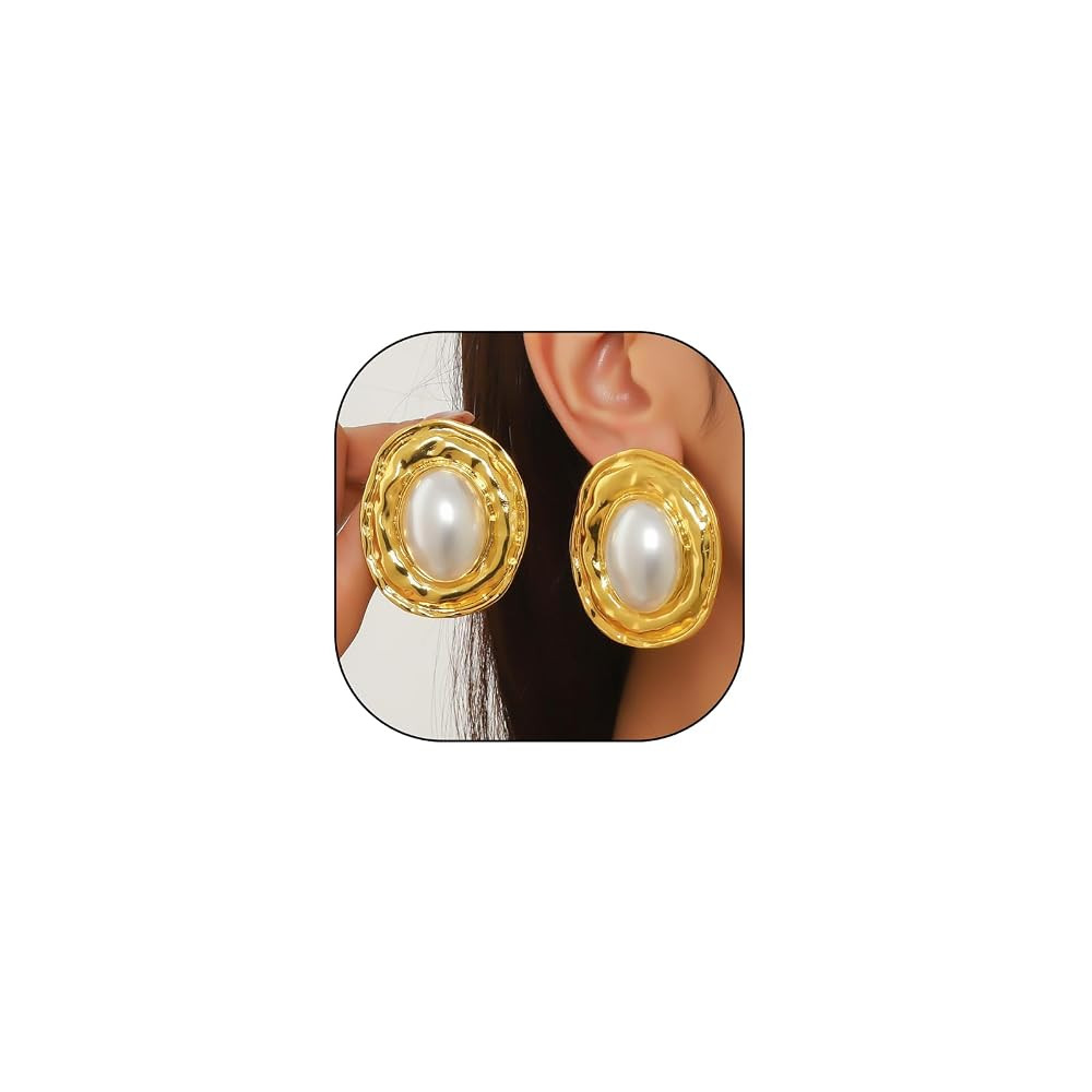 Vintage Pearl Earrings for Women Chunky Gold Geometric Oval Pearl Stud Earrings Exaggerated Textu... | Amazon (US)