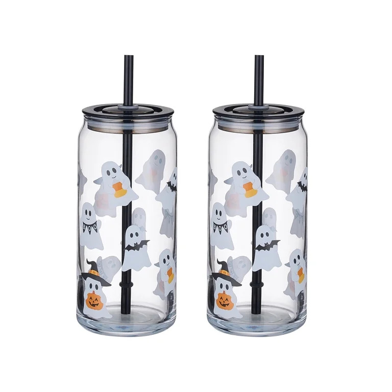 Way to Celebrate Halloween Mixed Ghost Glass Can Sipper Tumblers, 20 oz, 2-Pack | Walmart (US)