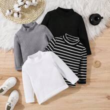 4pcs Young Girls & Toddlers Textured Waffle Knit Turtleneck Comfortable Base Layer T-Shirts, Suitable For Casual Everyday Wear | SHEIN