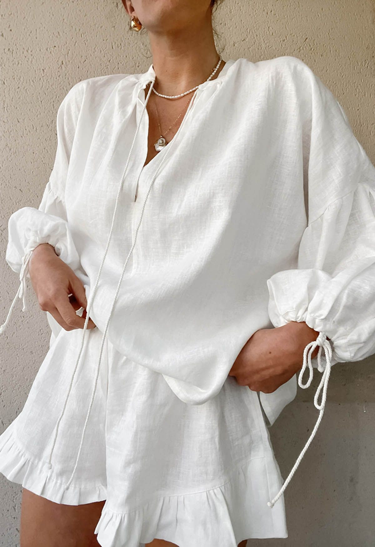 Lantern Sleeve Drawstring Shirt and Shorts Set | Chicwish