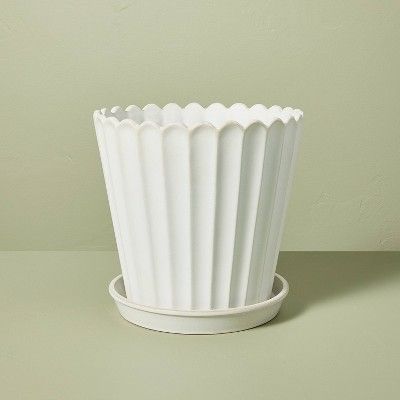 Scallop-Fluted Stoneware Outdoor Planter Pot with Saucer Cream - Hearth & Hand™ with Magnolia | Target
