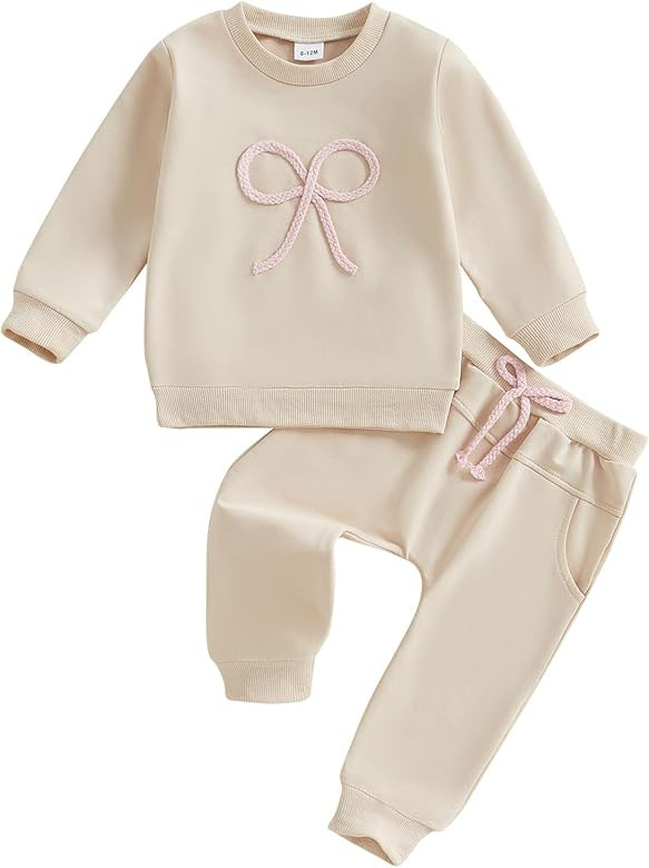 Toddler Baby Girl Clothes Bow Emboridery Crewneck Long Sleeve Sweatshirt and Pants Set 2Pcs Fall ... | Amazon (US)