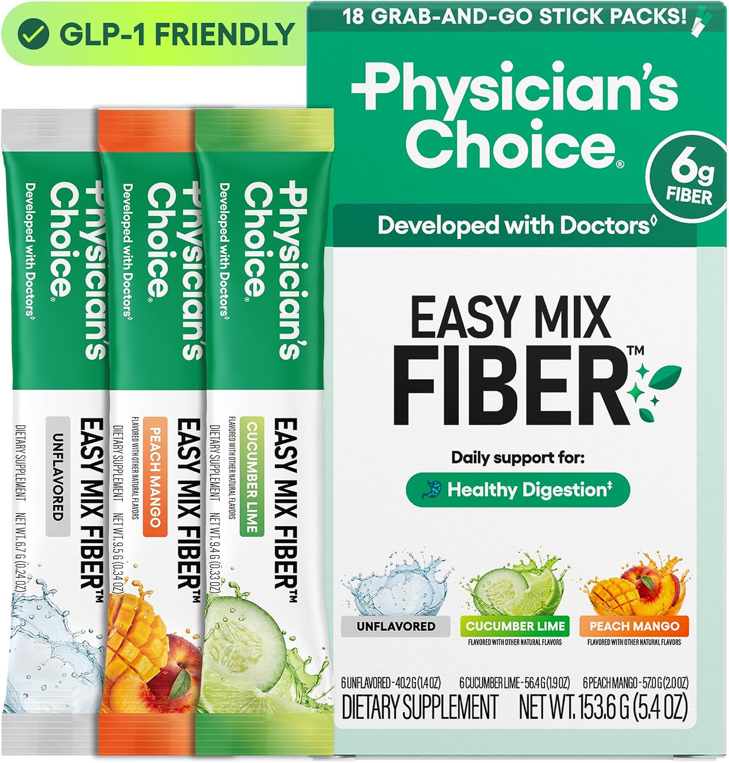 Physician's CHOICE Easy Mix Fiber Stick Packs - GLP-1 Friendly, No Grit, Daily Prebiotic Fiber Powder for Digestive Health & Regularity - On the Go Travel Variety Pack for Women & Men - 18 Count | Amazon (US)