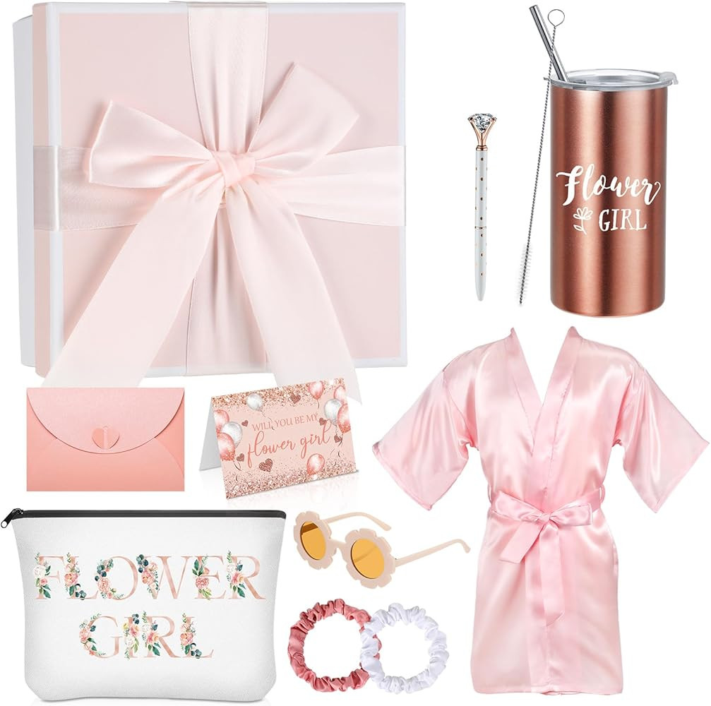 10 Pcs Flower Girl Gifts Set Flower Girl 14oz Tumbler Canvas Bag Satin Scrunchies Kimono Robe Pro... | Amazon (US)