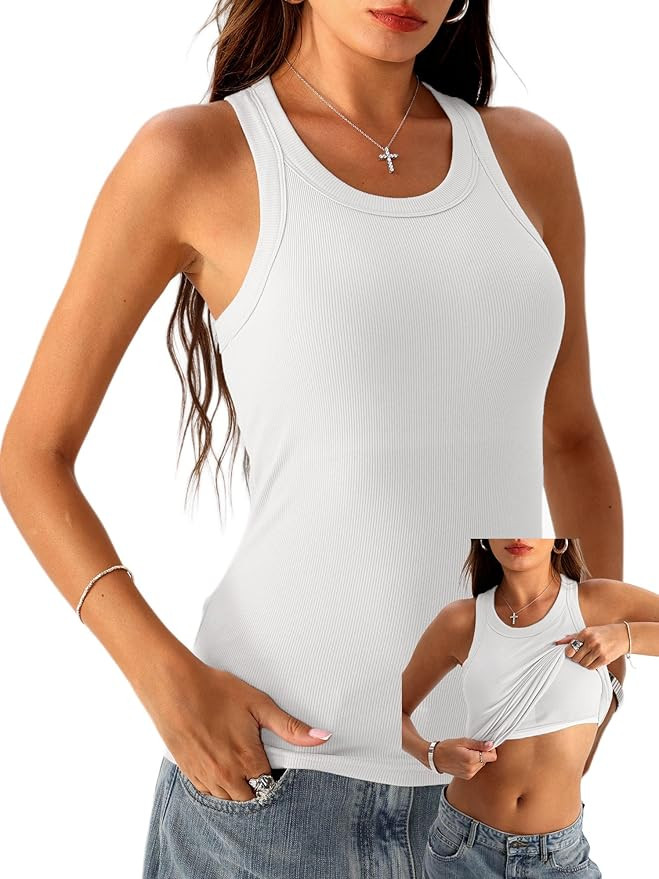 Danysu Racerback Tank Tops with Built in Bra for Women High Neck Ribbed Basics Fitted Long Bra Ta... | Amazon (US)
