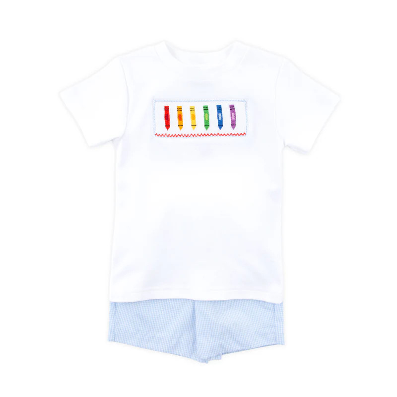 Colorful Crayon Smocked Blue Gingham Short Set | Classic Whimsy