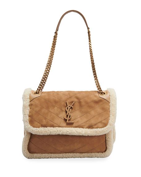 Saint Laurent Niki YSL Monogram Medium Nubuck & Shearling Shoulder Bag | Neiman Marcus