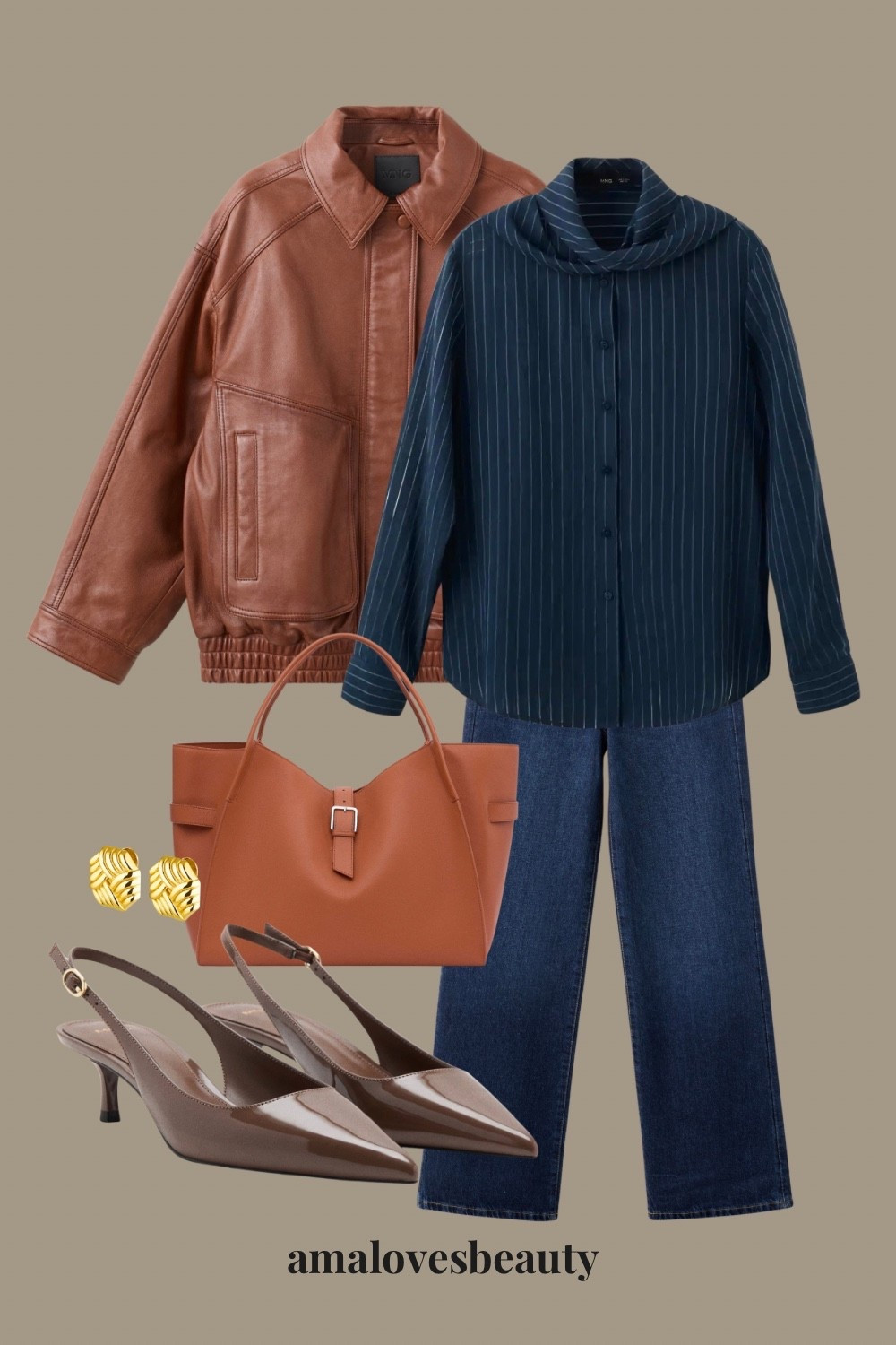 Elegant everyday: built on a simple casual yet elegant look. dark wash blue jeans with a blue stripe button-up shirt and a structured brown leather jacket, effortless chic casual look for spring.

@Mango 
Leather bag, shopper bag, sling back shoes, everyday outfit ideas, style tips for women, spring outfit, spring fashion.

#LTKSeasonal #LTKOver40 #LTKgrwm