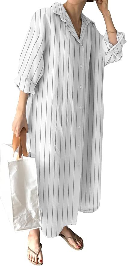 GGUHHU Womens Chic Button Down Rolled-Up Sleeve Long Cotton Blouse Maxi Dress | Amazon (US)