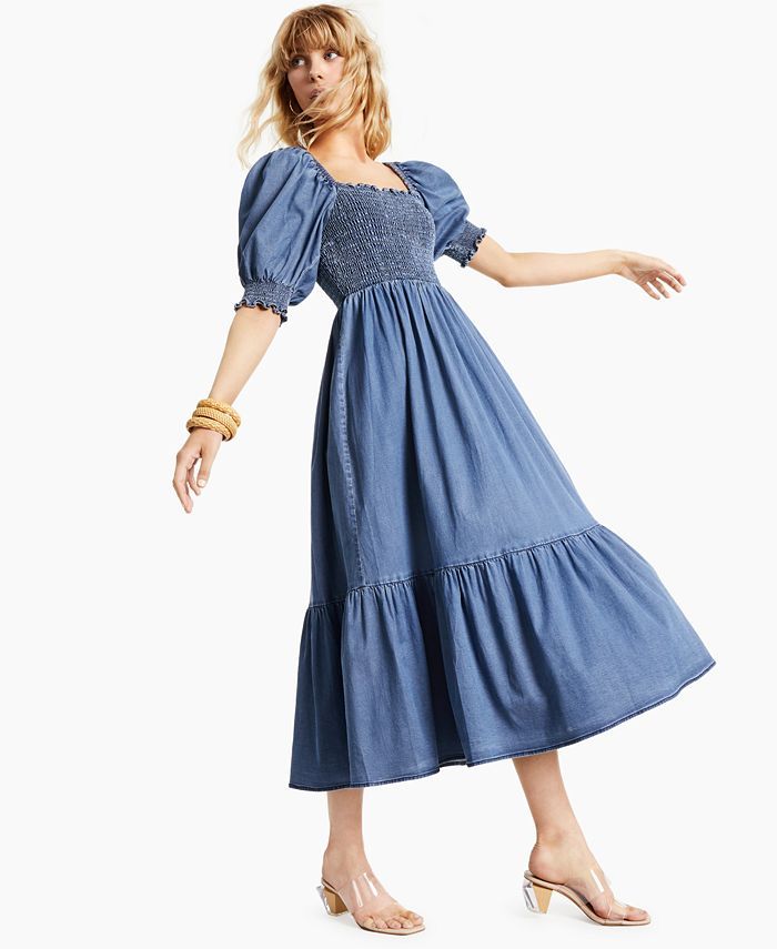 Petite Chambray Smocked Peasant Dress, Created for Macy's | Macys (US)