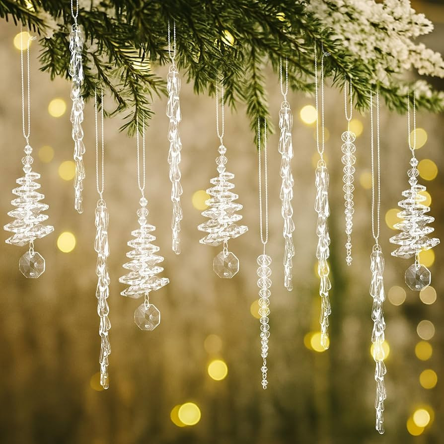 Soulchen 48 Pcs Crystal Icicle Christmas Tree Ornaments 3 Styles Christmas Icicles Drop Clear Pla... | Amazon (US)