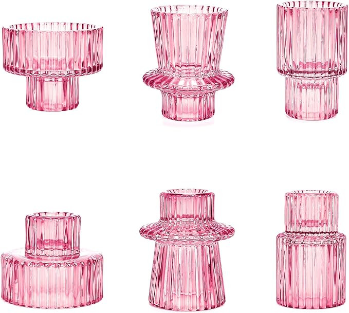 Candlestick Holders Set of 6, Ribbed Glass Taper Candle Holders, Reversible Pink Tealight & Candl... | Amazon (US)