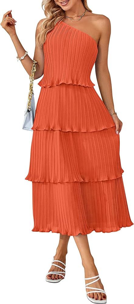 MEROKEETY Women's Summer One Shoulder Sleeveless Pleated Ruffle Tiered Layered Chiffon Party Dress | Amazon (US)
