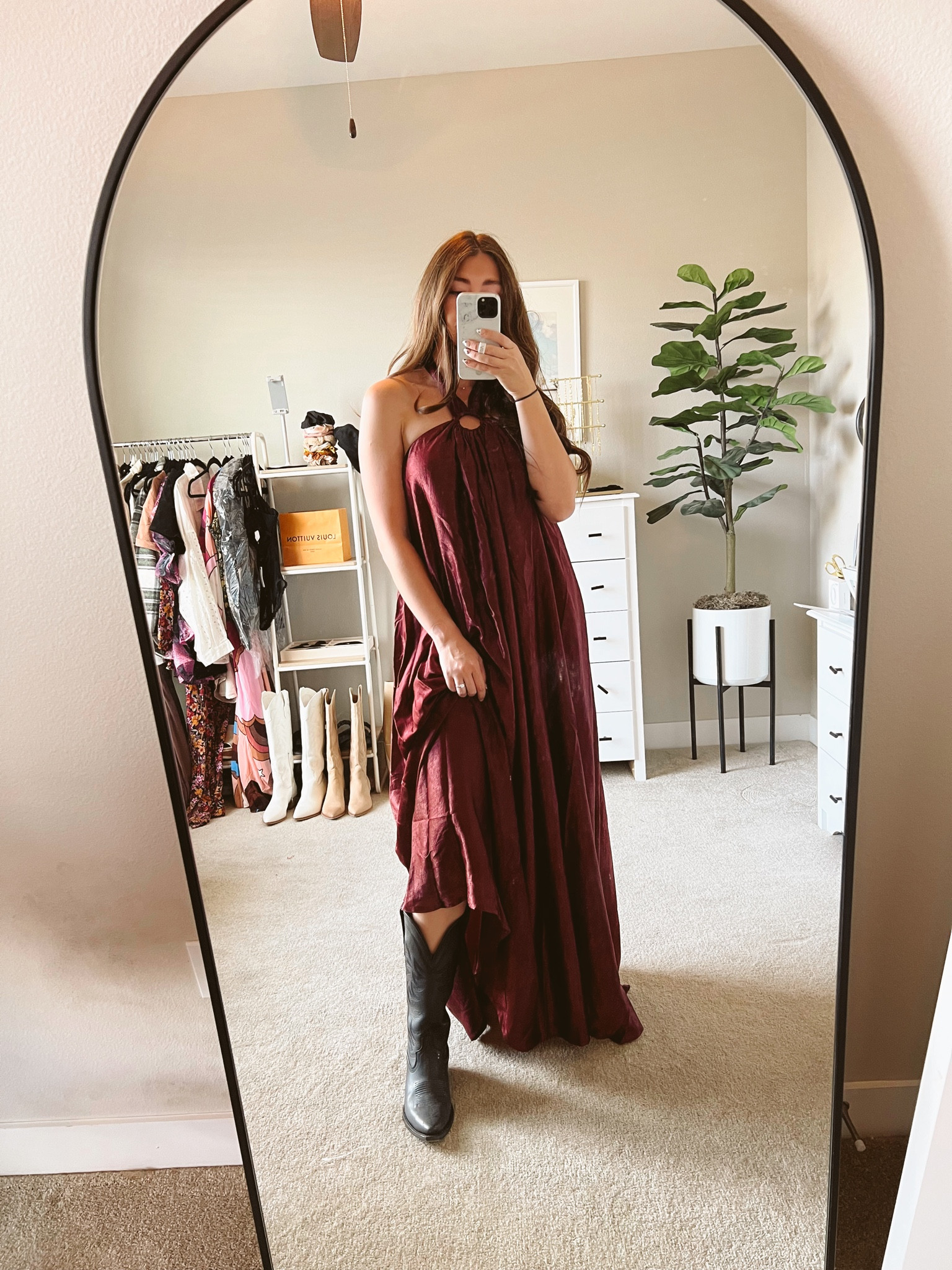 Wearing true size medium in dress. 
Went down 1/2 size in boots 

#LTKwedding #LTKstyletip #LTKshoecrush