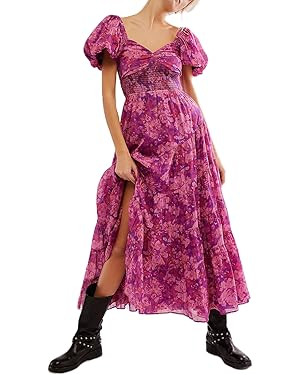 Women Spring Dresses Flowy Smocked Maxi Dress Puff Sleeve Sweetheart Y2K Floral Boho Summer Sundr... | Amazon (US)