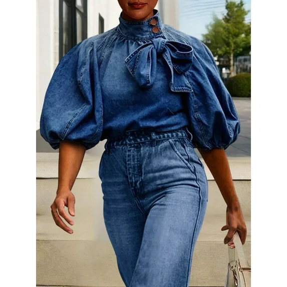 ZOELNIC Women's Denim Blouse with Puff Sleeves & Bow Tie, Mock Neck Casual Jean Shirt, XL | Walmart (US)