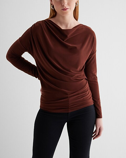 Skimming Cowl Neck Long Sleeve Ruched Tee | Express