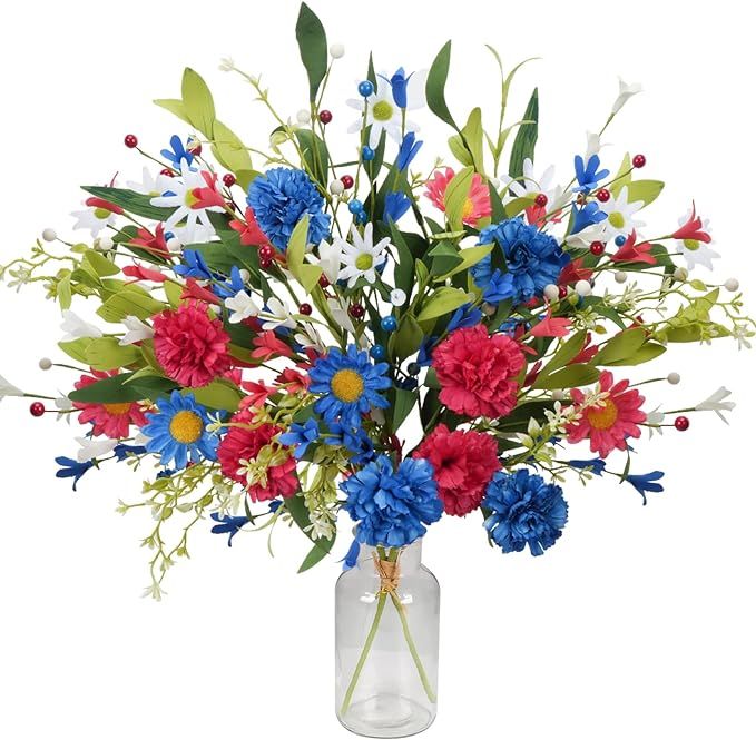 XHXSTORE 2 Bundles Patriotic Artificial Flowers Red White and Blue Flowers 4th of July Flowers Si... | Amazon (US)