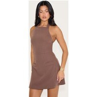 Chocolate Tailored Woven Halterneck A Line Dress | PrettyLittleThing US