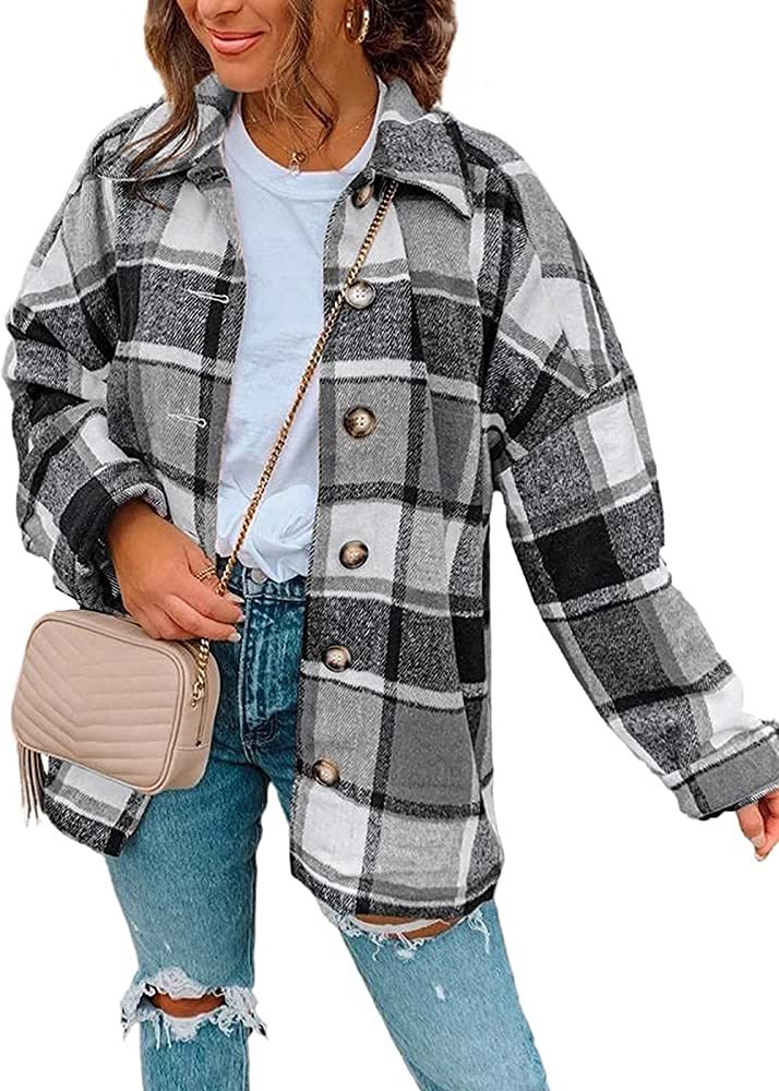 PRETTYGARDEN Women's 2023 Fall Clothes Plaid Shacket Jacket Long Sleeve Button Down Flannel Shirt... | Amazon (US)