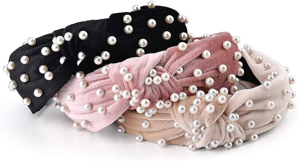 3 Pack Velvet Wide Headbands Knot Turban Headband Vintage Hairband with Faux Pearl Elastic Hair H... | Amazon (US)