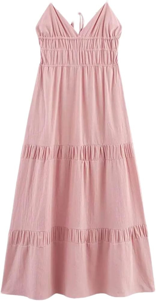 Adhdyuud Women's Spaghetti Strap V-Neck Ruffle Hem Maxi Dress Casual Empire Waist Summer Dress | Amazon (US)