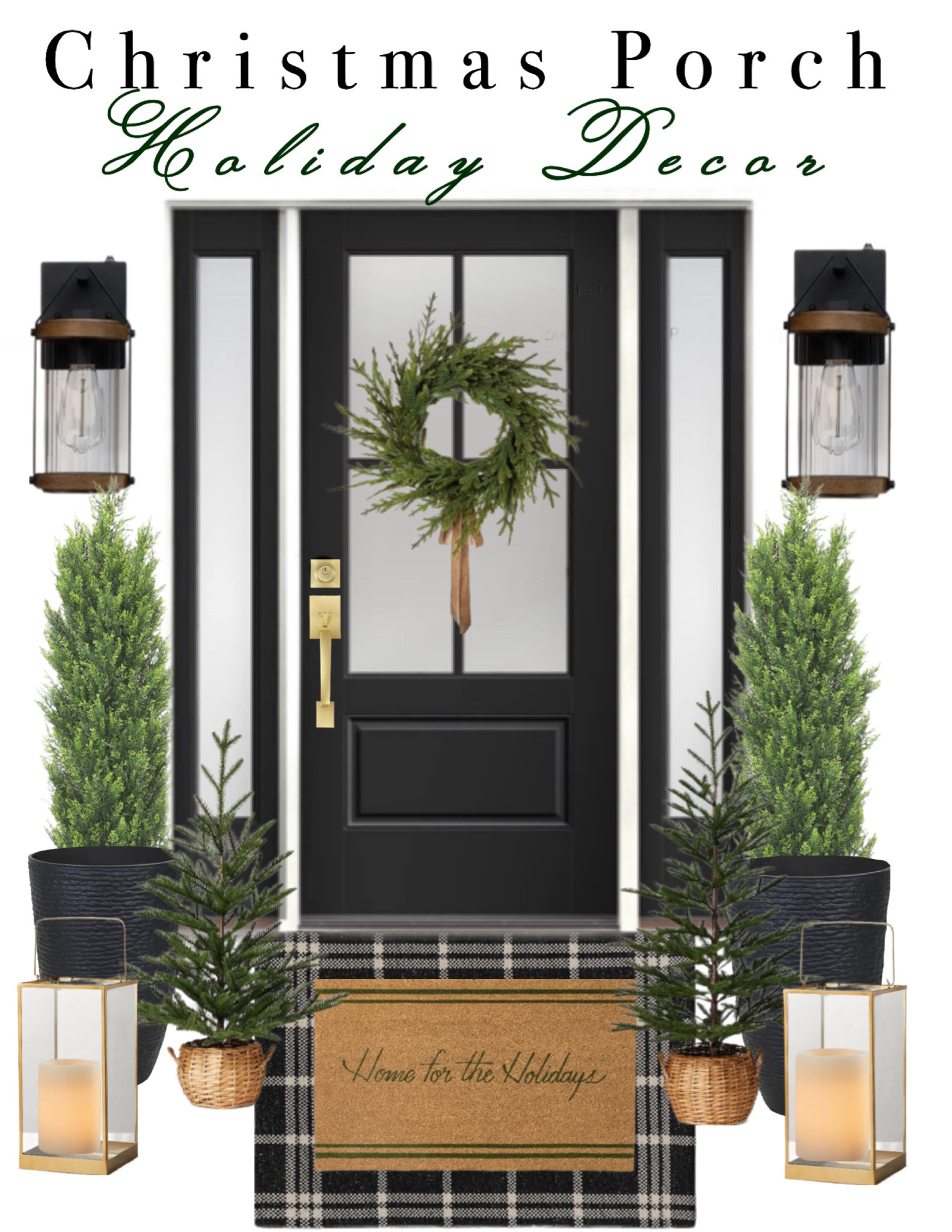 Christmas front porch decor. Holiday entryway. Front door Christmas. Christmas wreath. Winter decor. Pine Christmas trees. Outdoor faux pine trees. Gold lanterns. Battery candles. Modern farmhouse. Modern organic holiday decor. Black front door. Black and green Christmas. Modern Christmas decor.

#LTKHoliday #LTKhome #LTKstyletip
