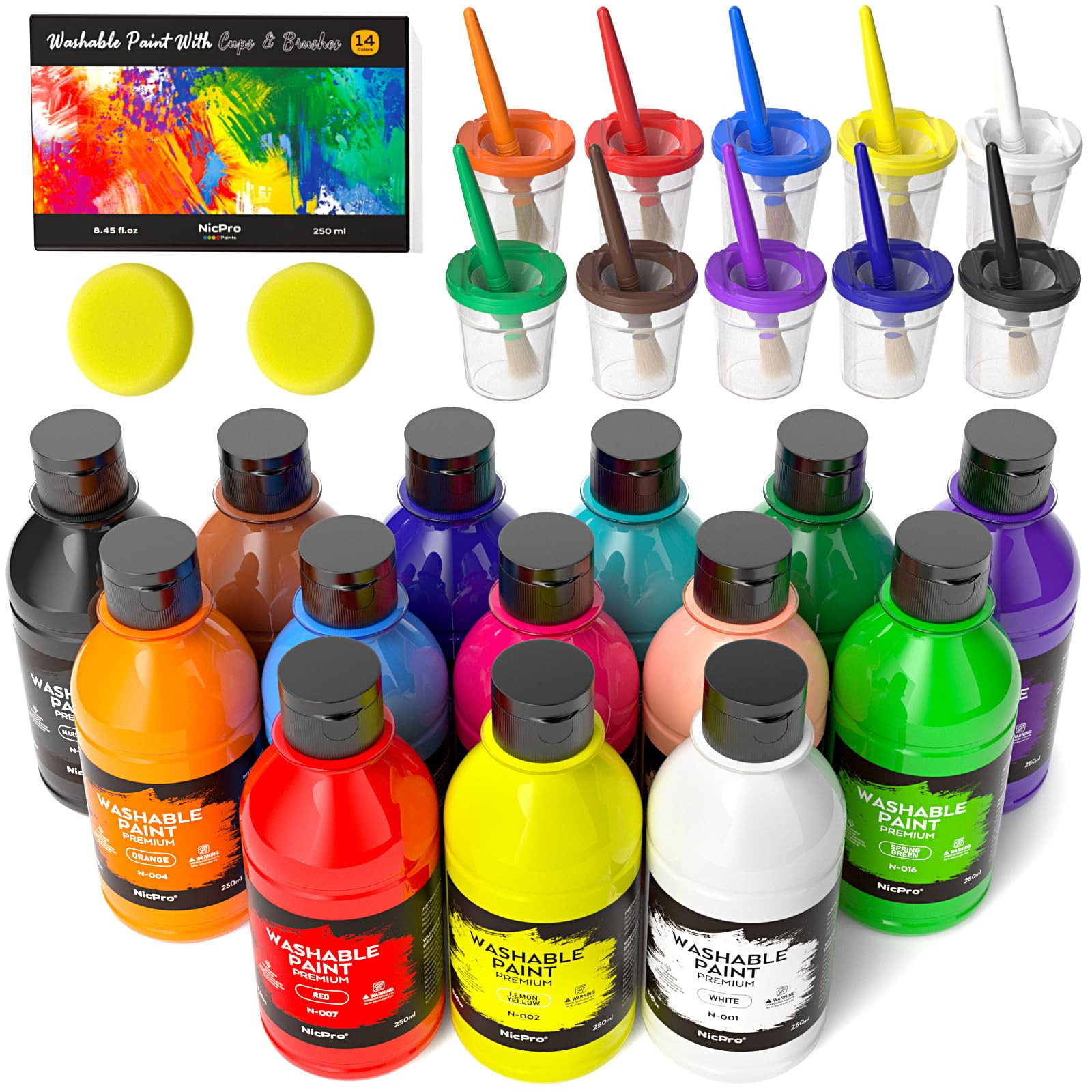Nicpro 14 Colors Large Washable Paint for Kids 8.45oz/250ml, Non Toxic Children Tempera Finger Paints with Paint Brushes, Cups and Sponge for Art, Poster, School, Classroom, Craft DIY, Children | Amazon (US)