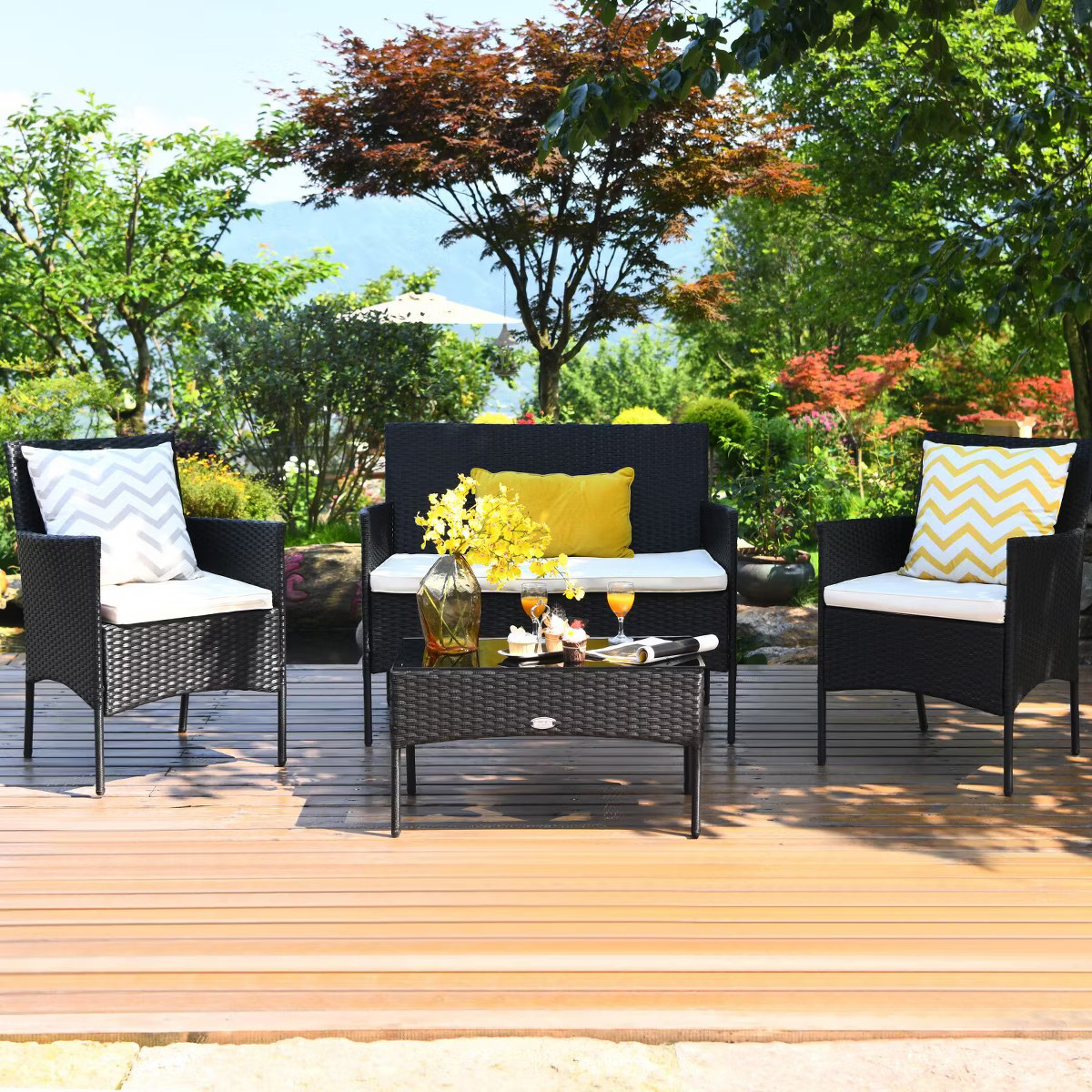 Costway 4PCS Rattan Patio Furniture Set Cushioned Sofa Chair Coffee Table | Target