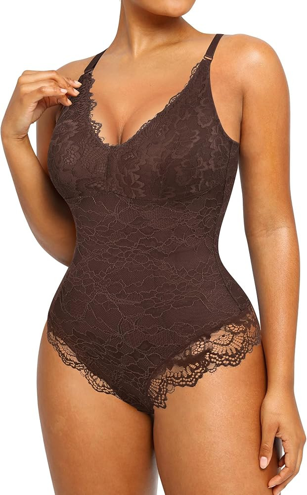 SHAPELLX Lace Bodysuit for Women Tummy Control Backless Shapewear V Neck Thong Body Shaper | Amazon (US)