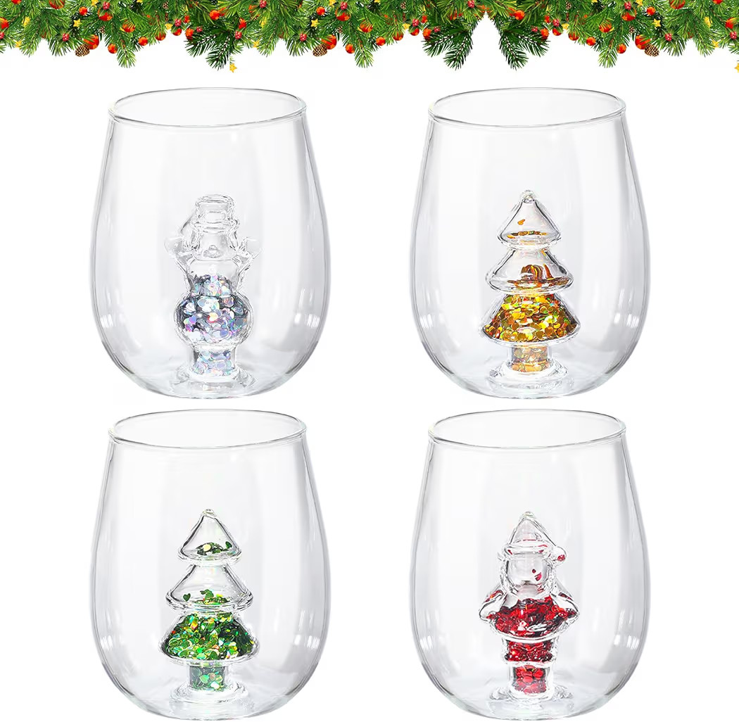 4 Pcs 12oz 3D Crystal Stemless Wine Glass Cup with Christmas Tree Santa Snowman Glitter Christmas... | Amazon (US)