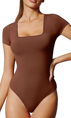 IUGA Bodysuits for Women Tummy Control Short Sleeve Square Neck Bodysuit Women's Slimming Basic B... | Amazon (US)