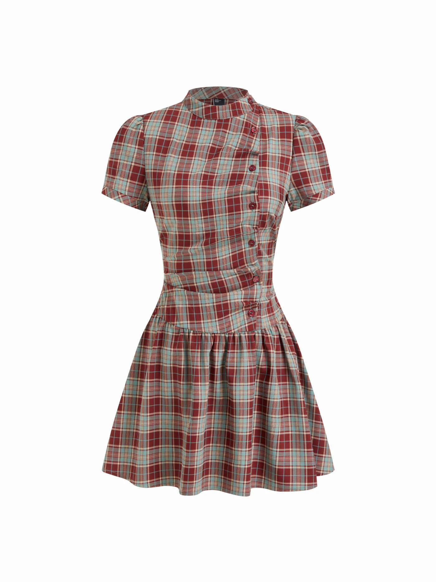 Woven Plaid Stand Collar Puff Sleeve Tie Back Button Mini Dress For Daily Casual | Cider