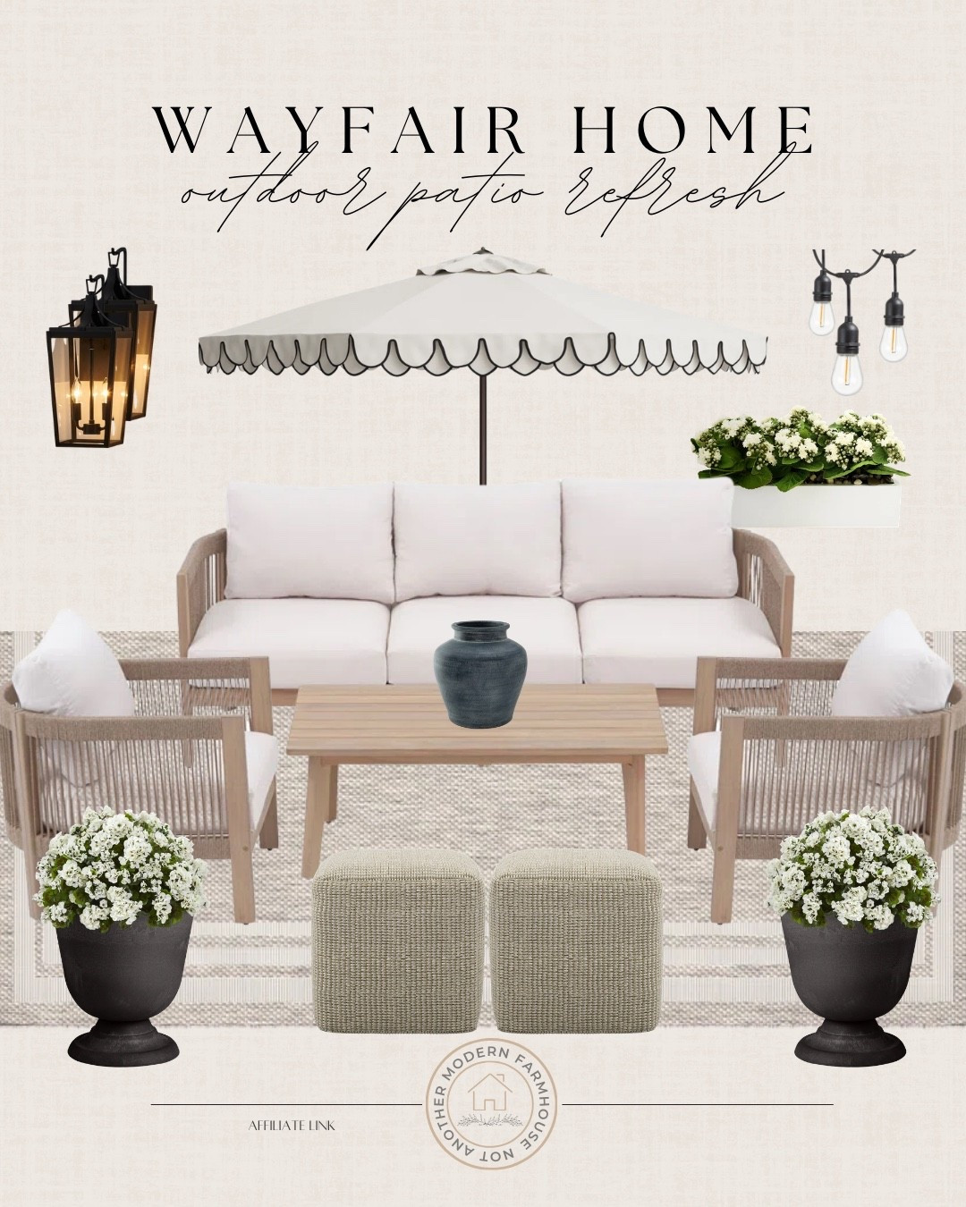 Wayfair outdoor patio refresh. ☀️ Timeless neutrals, cozy seating and classic pieces to create an elevated outdoor space for spring and summer hosting.

Wayfair patio furniture, outdoor seating set, neutral outdoor decor, patio refresh ideas, outdoor sofa set, wood patio coffee table, scalloped patio umbrella, outdoor lantern lighting, string lights patio, outdoor planters, neutral outdoor rug, backyard entertaining space, classic outdoor living design, affordable patio makeover, designer look for less. 

 #LTKSeasonal #LTKHome