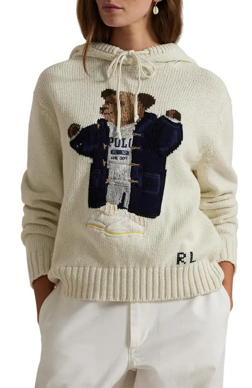 Polo Ralph Lauren Polo Bear Hooded Cotton & Linen Sweater in Parchment Cream at Nordstrom, Size Small | Nordstrom