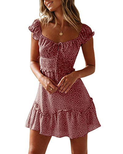 YOBECHO Womens Summer Ruffle Sleeve Sweetheart Neckline Printing Dress Mini Dresses | Amazon (US)