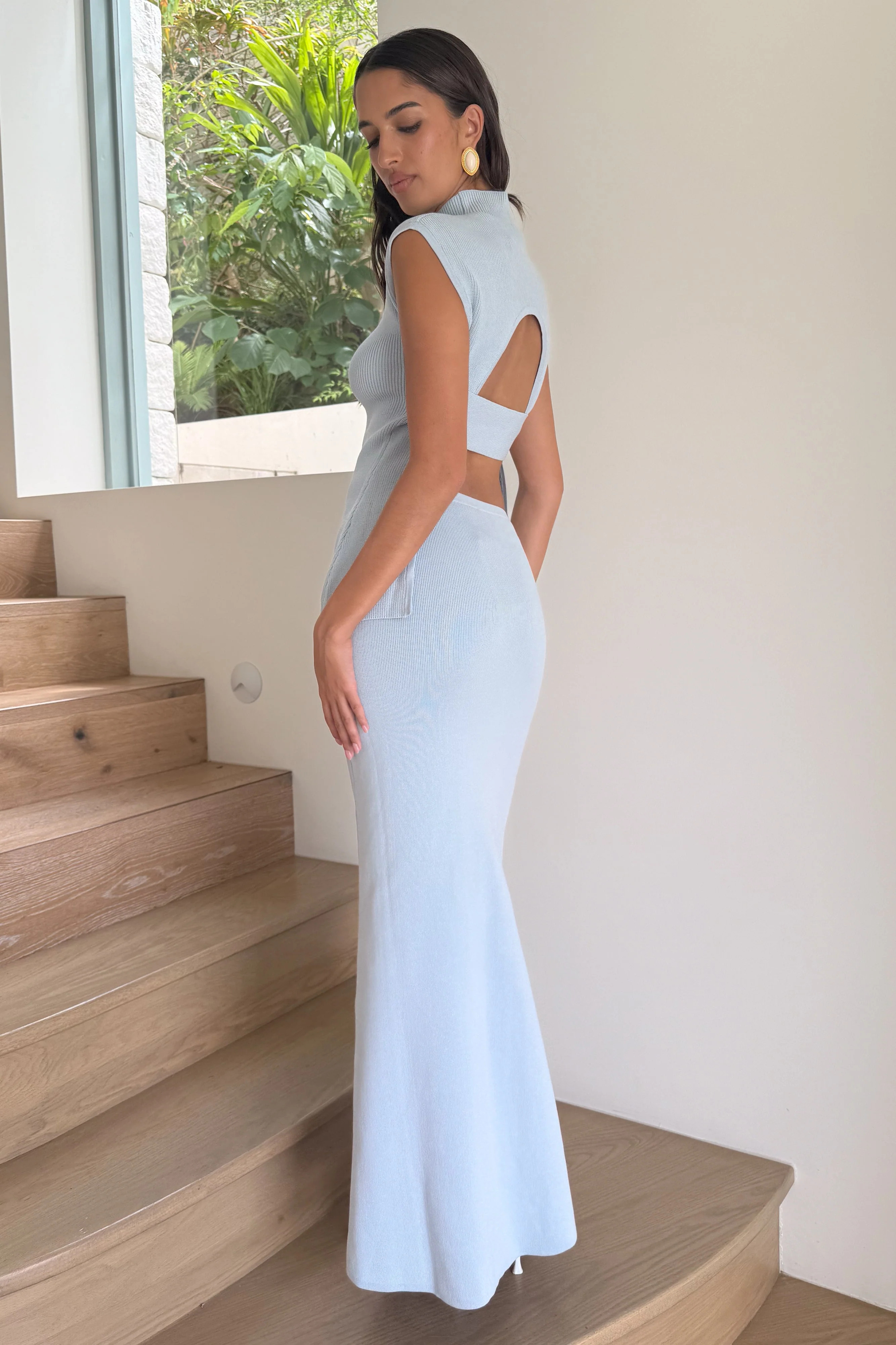 Knit Open Back Top - Light Blue | MESHKI US