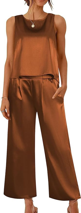 Ekoauer Women's Silk Satin Pajama 2 Piece Outfits Sleeveless Tank Crop Top and Wide Leg Pants Set... | Amazon (US)