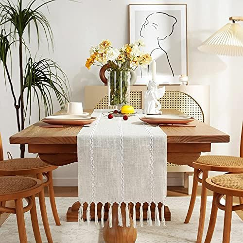Rustic Farmhouse Style Linen Table Runner, Boho Embroidered Table Runners 108 inches Long with Tasse | Amazon (US)