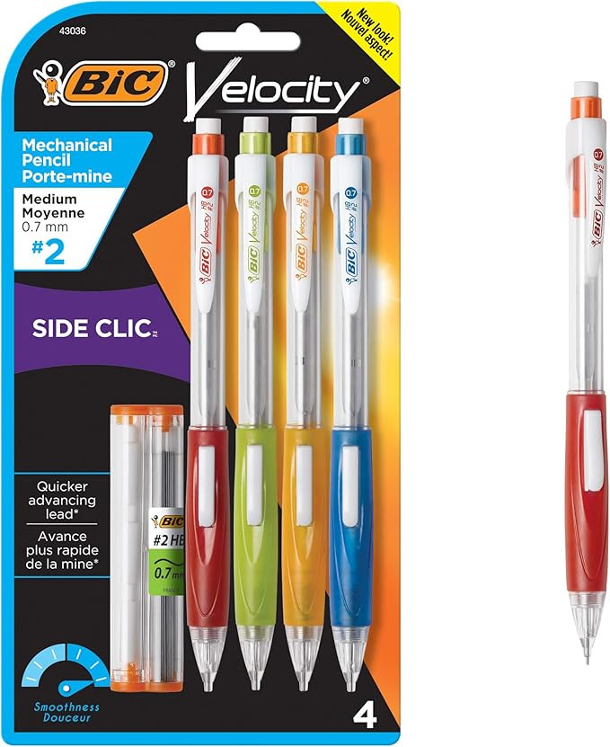 BIC Velocity Side Clic Mechanical Pencil, Medium Point (0.7mm), Black, Soft Comfortable Grip, 4-C... | Amazon (US)