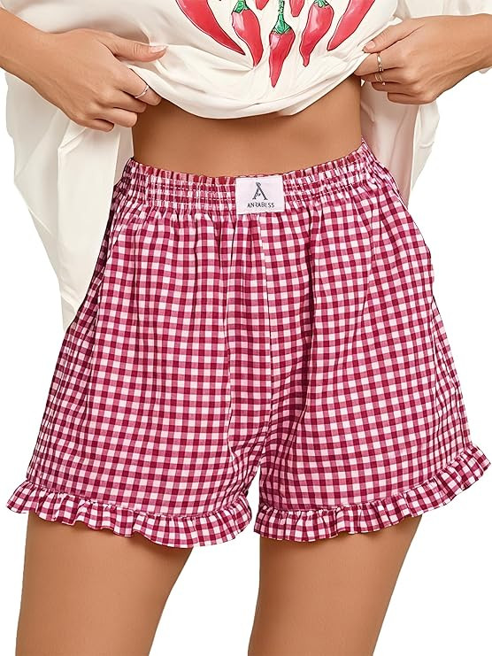 ANRABESS Boxer Shorts for Women,Gingham Plaid Elastic Waist Ruffle,Perfect for Lounge,Pajama&Slee... | Amazon (US)