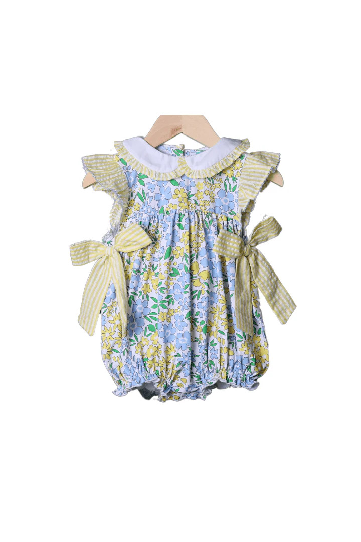 Yellow Floral Knit Bow Bubble | The Smocked Flamingo