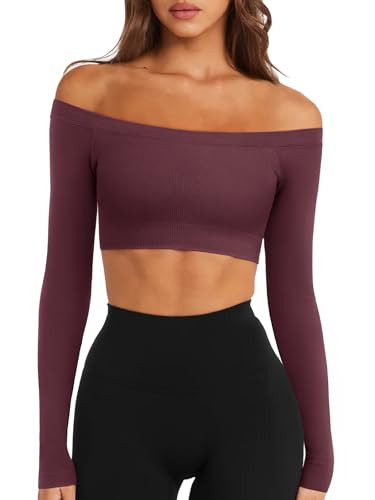 LASLULU Womens Off The Shoulder Tops Seamless Long Sleeve Workout Crop Top Sexy Athletic Gym Yoga Pilates Going Out Tops Shirts (Burgundy, Large) | Amazon (US)