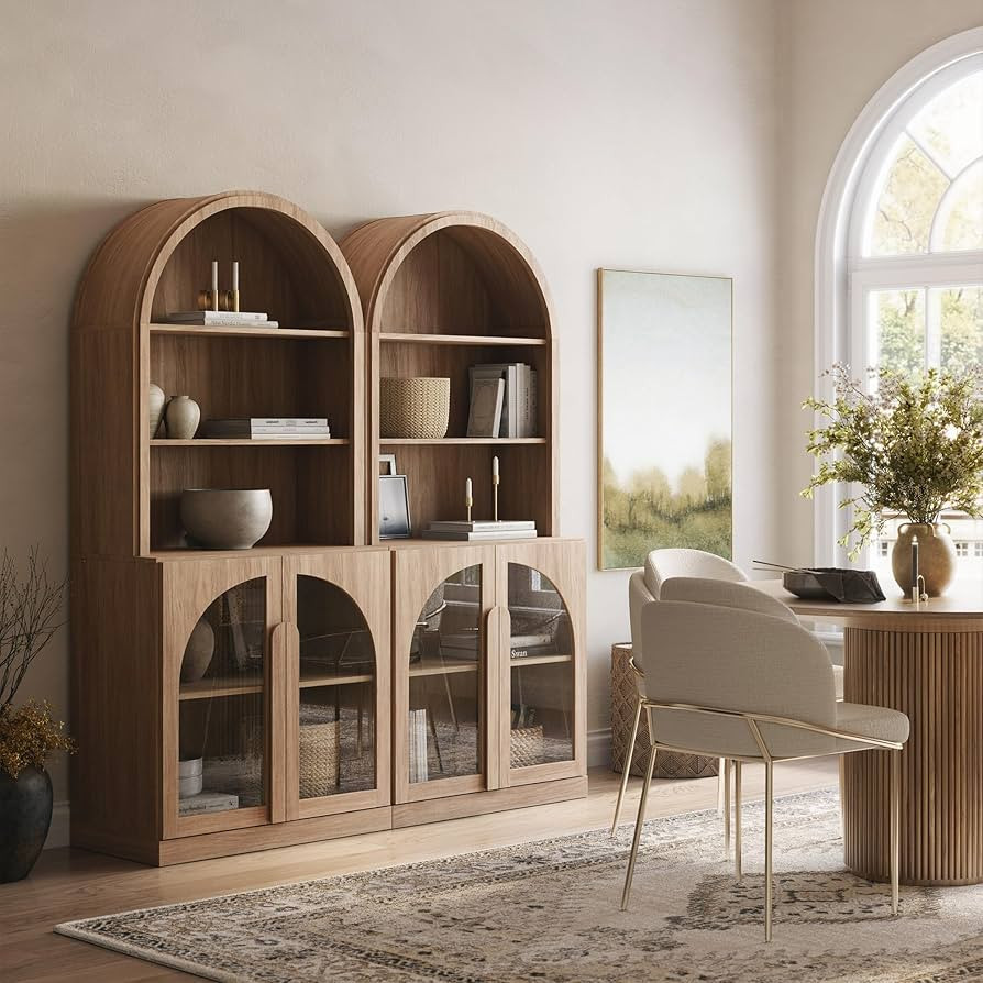 BELLEZE Arched Bookshelf with Glass Doors Set of 2, 71" Tall Wood Display Cabinet with Adjustable... | Amazon (US)