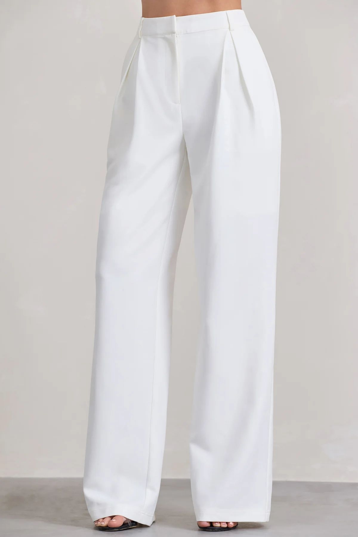 Raina | White High Waist Pleated Wide-Leg Trousers | Club L London